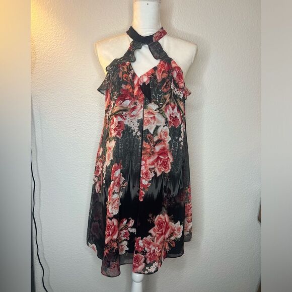 BCBGeneration Halter Dress Black Red Floral Ruffle - Picture 2 of 3